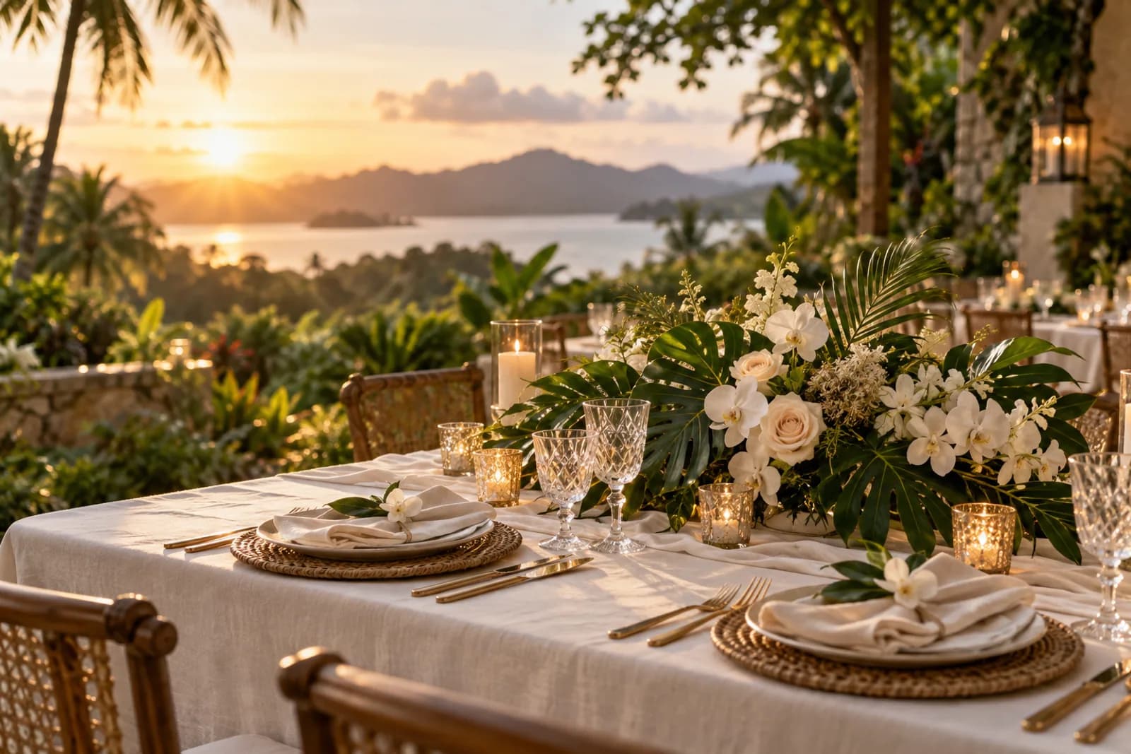 Mesa de boda elegante en un jardín tropical al atardecer