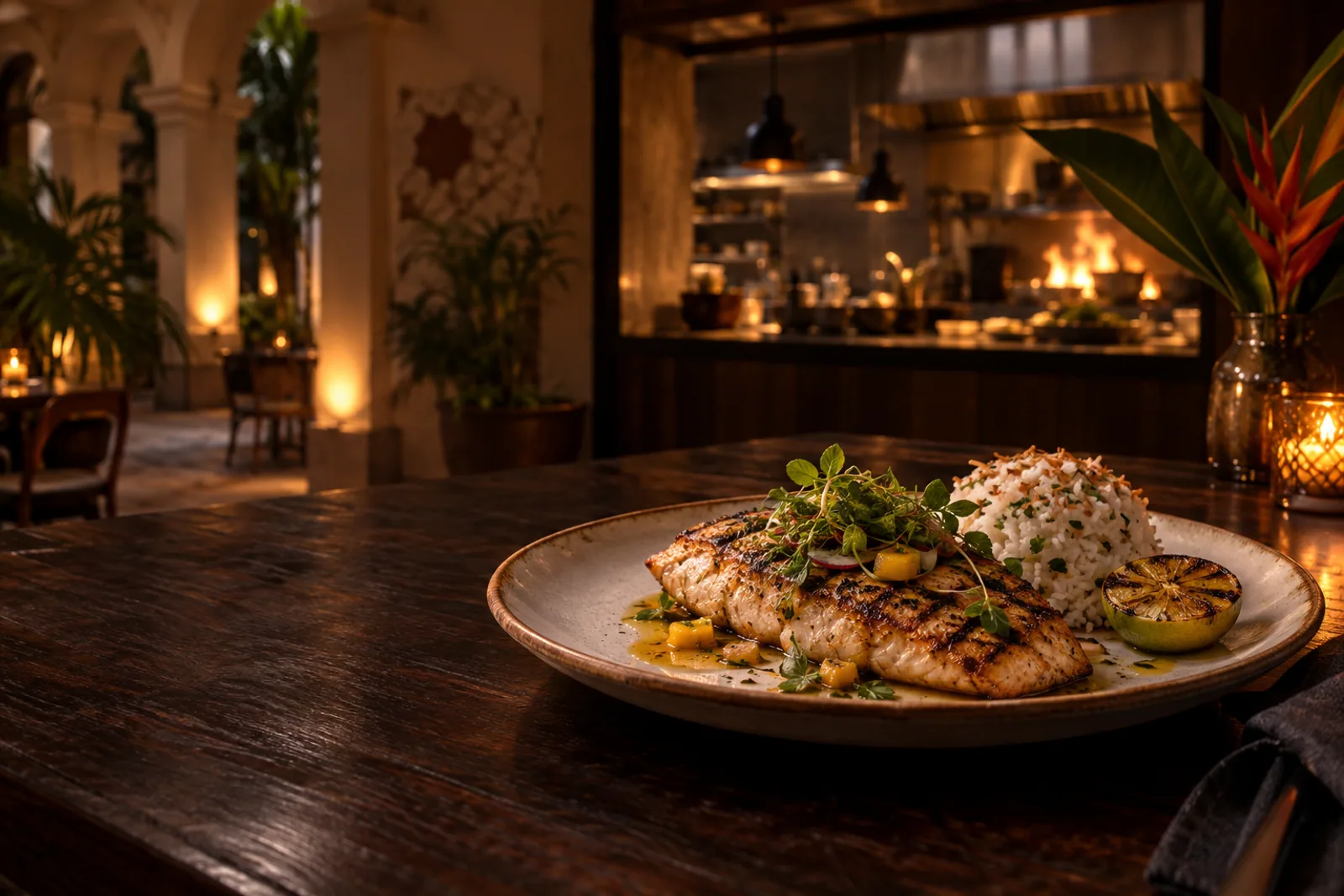 Plato de pescado a la brasa en un restaurante de ambiente cálido